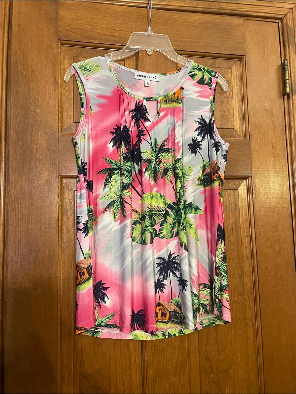 Southern Lady Women’s Pink & Green Tropical Palm‎ Keyhole Tank, Size Small